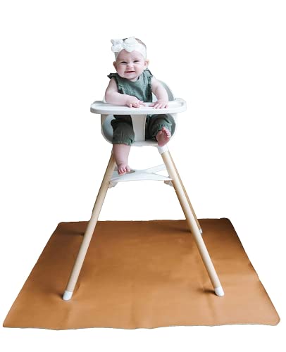 Image of Vegan Leather High Chair Mat by Lark Baby Goods (40 x 40 in) - Waterproof Wipeable Splat Mat for Under High Chair - Baby High Chair Floor Mat for Splash and Spill Protection - Brown
