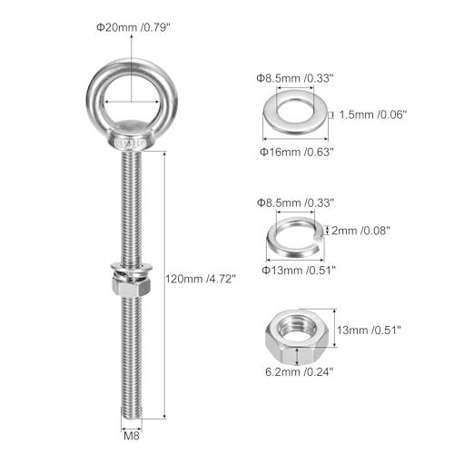 Image of uxcell Lifting Eye Bolt, 2 Sets M8 x 120mm Eye Bolt with Nut Washer 304 Stainless Steel Shoulder Lifting Ring Eye Bolt for Hanging Item