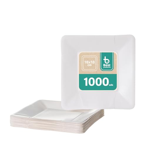 BEST PRODUCTS 1000 Platos Desechables | Cartón Ecológicos Biodegradables Compostables y Reciclables | Para Fiestas Cumpleaños Comuniones o Eventos | Cuadrados Llanos 18x18cm