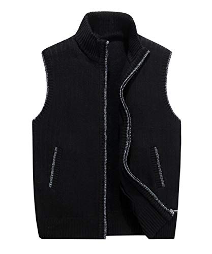 LemonGirl Mens Casual Slim Full Zip Knitted Sweater Vest with Pocked, Black, Large