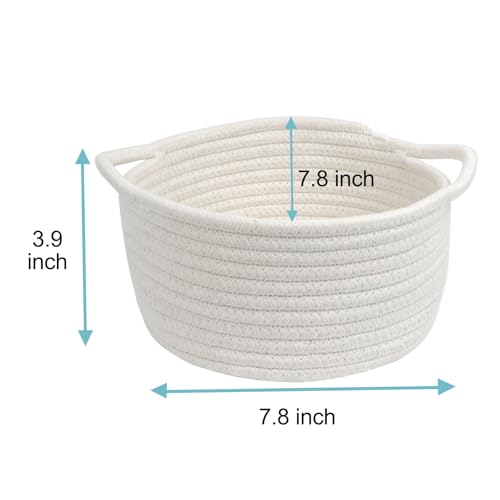 Image of Small Woven Basket with Handle, Small Cute White Storage Baskets for Organizing, Tiny Decorative Round Cotton Rope Woven Closet Storage Bin, Baby Boho Empty Gift Basket for Nursery