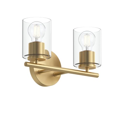 Image of Progress Lighting Replay 13 Inch 2-Light Vanity Light, Transitional, Brushed Gold with Clear Glass Shades, (7.875 inch H x 13 inch W x 6 inch D), P300582-191