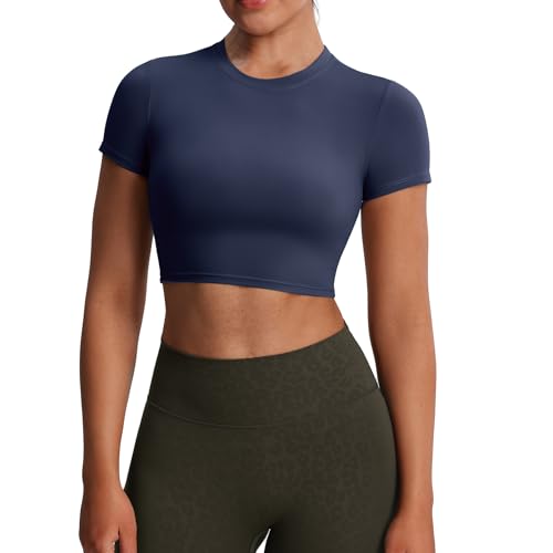 Aoxjox Short Sleeve Crop Tops for Women Classic Longline Baby Tee Workout T Shirt Top (Navy, X-Small)