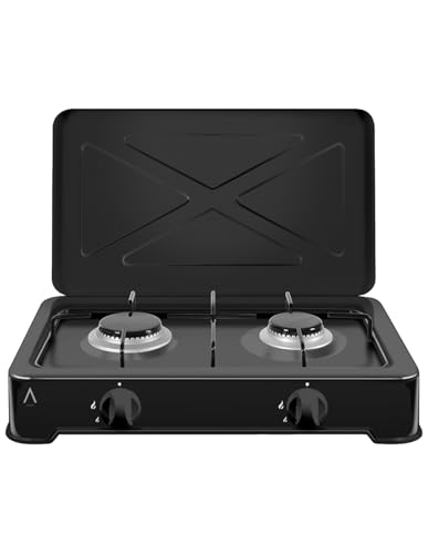 ALPHA Placa de Gas Portátil URANO, Negro. Hornillo de 2 Fuegos, Bloqueo de Seguridad. **Alta Gama**