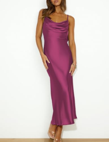Image of Summer Satin Spaghetti Strap Cowl Neck Backless Midi Dresses for Women Elegant Tie Low Back Ruched Cocktail Dress