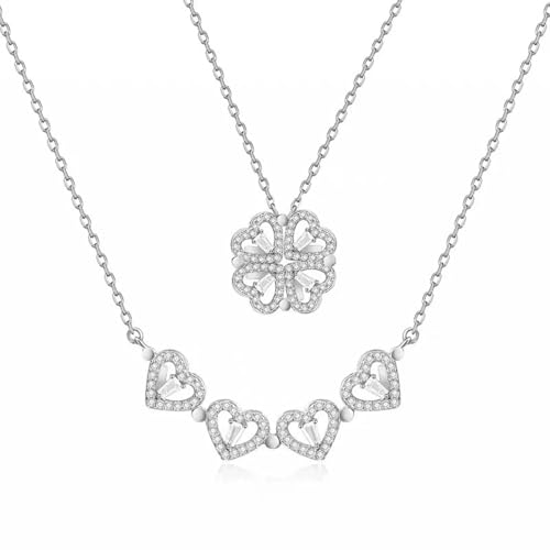 IHOIU 14k Gold Plated 2 in 1 Four Leaf Clover Charm Lucky Necklace Heart Crystal Pendant Necklace Gold Link Valentines Day Jewelry Gift for Women(Silver)