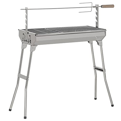 Outsunny Portable BBQ Rotisserie Barbecue Grill Roaster with Foldable Legs, Charcoal Chicken Spit Roast Machine for Outdoor Picnic Camping, Stainless Steel