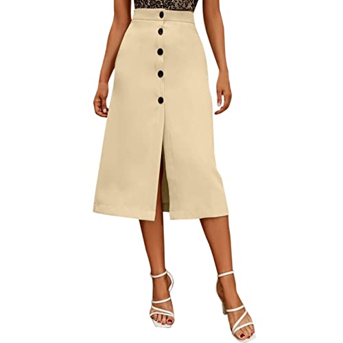 2023 Midi Length High Waist Silk Skirts Split Waist Tie High Low Skirt Midi Swing Skirt With Pockets Khaki #TOP26