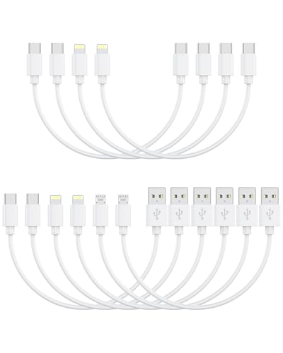 [10in, 10-Pack] Multi Short USB/C Cables Fast Charge & Sync to Type-C/Lightning/Micro USB Cords Bulk for Charging Stations Compatible with iPhone16&15, iPhone5-14, iPads, iPods, Mobiles, Tablets,White