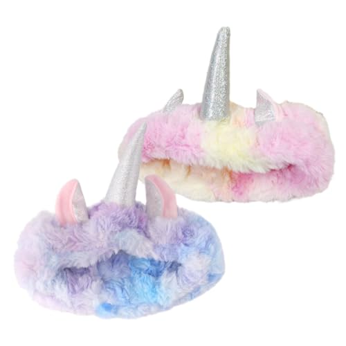 CONGARTENO 2個洗顔用キュート独角獣ヘアバンド 柔軟で滑りにくいメイクアップ用ヘッドバンド 紫混色 混色ピンク レディースヘアアクセサリー スパやお風呂に