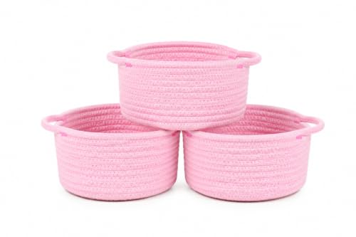 Image of Small Woven Basket Decorative Round Baskets for Gifts, 3-Pack Pink | Small Baskets with Handle, Cotton Rope Baskets for Organizing, Cute Mini Boho Round Storage Basket Bin, Empty Gift Basket