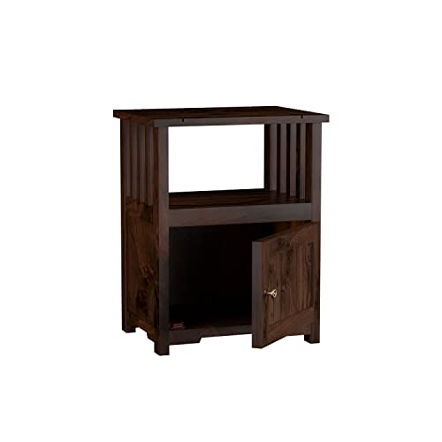 Image of Sheesham Wood Bedside End Table for Bedroom | Solid Wood Sofa Side Table Nightstand with 1 Door Cabinet & 1 Shelf Storage for Home & Living Room | Rosewood, Walnut Natural
