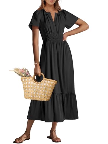 ANRABESS Women's Summer Short Sleeve Maxi Dress 2025 Casual V Neck High Waist A-Line Flowy Loose Tiered Boho Long Dresses