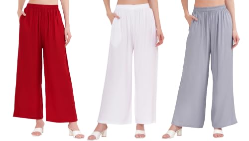 Image of Buy That Trendz Palazzo Pants for Women Rayon Elasticated Regular Fit Flared Wide Leg M to 6XL Pack of 3