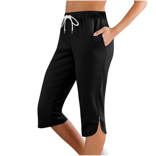 Women Capris Pants Drawstring High Waist Straight Pant Side Split Fitted Trouse Summer Casual Clothes with Pocket(Black,Medium
