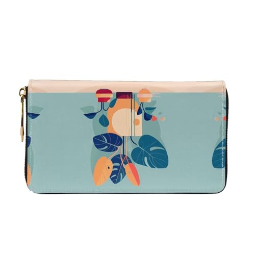 Long Wallet for Women & Men, Blue Orange Turtleback Bamboo Print Leather Bifold Wallet Clutch Purse, for Credit Card Coin Receipts2