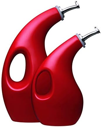 Rachael Ray Solid Glaze Ceramics EVOO Olive Oil Bottle Dispenser with Spout Set, 2 Piece, Red