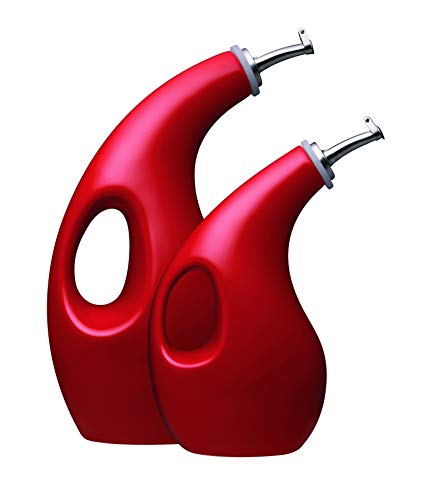 Rachael Ray 53253 Solid Glaze Ceramics EVOO Olive Oil Bottle Dispenser with Spout Set (Red) - 2 Pieces