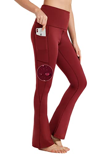 BAYGE Damen Bootcut Yogahose Hohe Taille Wasserdicht Blickdicht Bauchkontrolle Slim Fit Leggings Sporthose Schlaghose Sweathose Fitnesshose mit Taschen, Rot, M