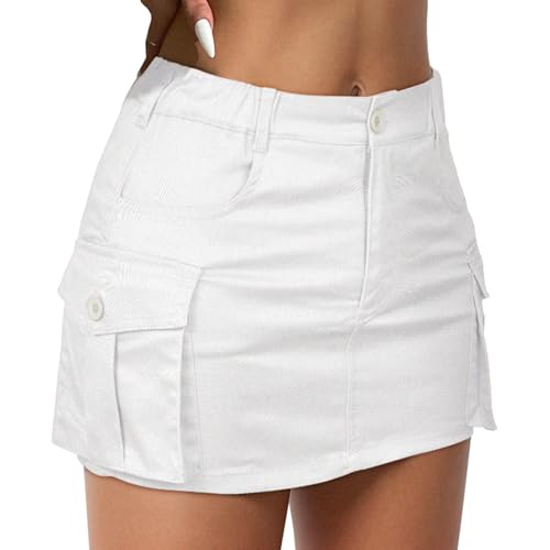 Cargo Skirts for Women with Pockets Mini Y2K Skirt Low Waist Button Bodycon Denim Skirt White Small