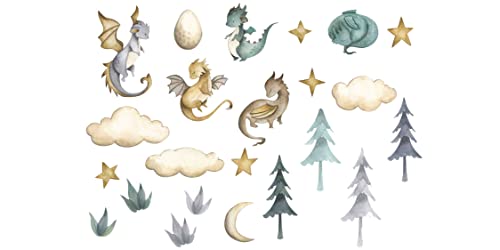 Image of Green Planet 23-Piece Dragon Tale Wall Decal, Peel & Stick Fabric Decal Stickers for Kids, Nursery Decals, Kid's Room Play Stickers, Dragon Baby Décor (Large)