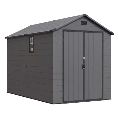 Image of Greesum 6x10FT Plastic Storage Shed with Floor, Resin Outdoor Storaged Sheds with Lockable Double Door, Window and Vents, All-Weather Tool Sheds for Patio, Garden, Backyard, Dark Gray