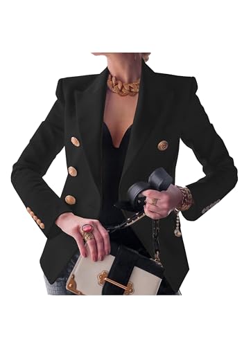 Womens Casual Blazer Jacket Gold Button Long Sleeve Work 0ffice Blazer Double Breasted Lapel Jacket