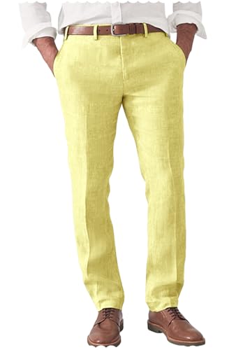 YINGBOFU Mens Slim Fit Linen Blend Dress Pants Casual Lightweight Summer Beach Trousers Yellow