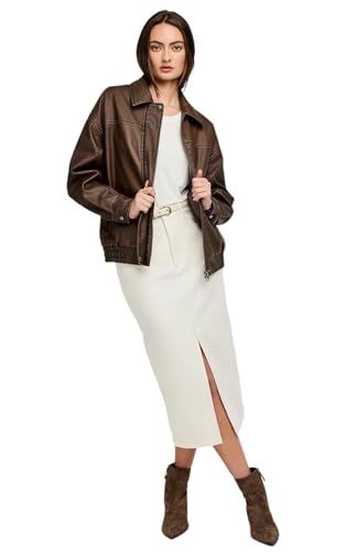 Women's Lambskin Leather Jacket – Oversized Brown Bomber with Elastic Waistband, Zip Closure & Structured Shoulders3