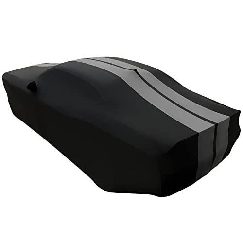 Image of SR1 Performance USA Indoor Car Cover for Dodge Challenger 2008-2023 - Ultraguard Stretch Satin Custom Fit, Dust Cover, Breathable Scratch-Resistant Sport Series Stripe (Black /Gray)