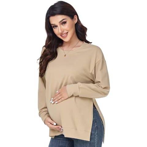 PACBREEZE Women's Maternity T-Shirts Long Sleeve Maternity Tops Two Side Slit Pregnant Clothes, Khaki, X-Large Cover