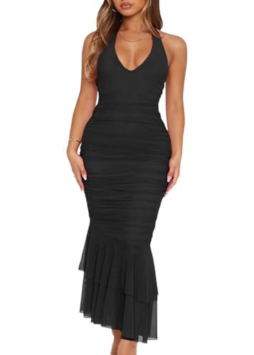 Women's Sexy V Neck Tie Halter Mesh Ruffle Hem Ruched Bodycon Cocktail Party Maxi Dresses