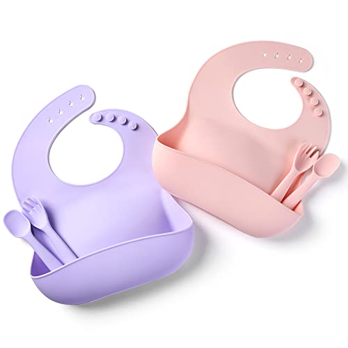Image of Cibeat Set of 2 Silicone Baby Bibs for Babies & Toddlers, Soft Bibs with Food Catcher Pocket and Spoon Fork