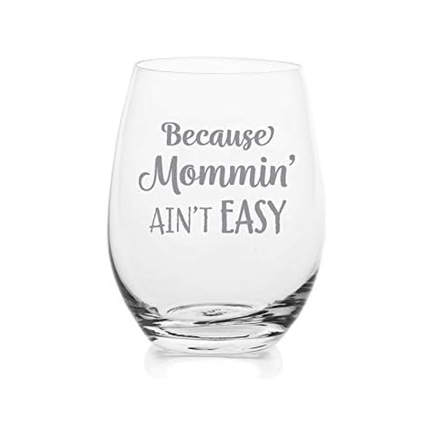 Lushy Wino - Because Mommin Ain't Easy | 18oz. Etched Stemless Wine Glass: Dishwasher Safe Funny Wine Glasses For Women in Gift-Ready Box Cover