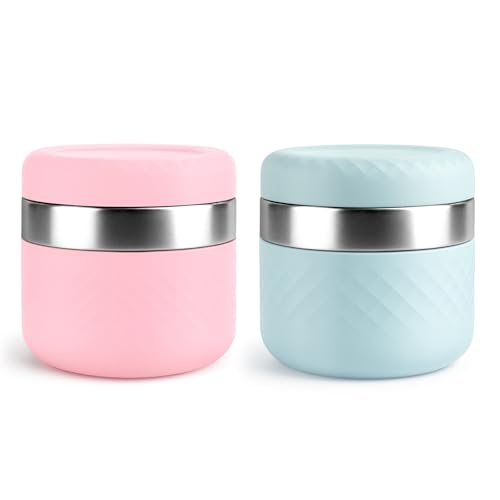 Image of 24 oz Insulated Food Jar, Stainless Steel Lunch Container, 2 Pack | 18 /8 Stainless Steel, Leakproof Lid, Wide Mouth, Silicone Sleeve, Measurement Marks, Hot & Cold Food, Soup, Dishwasher Safe