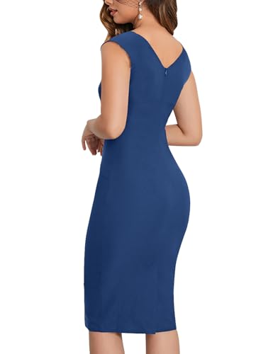 MUXXN Women's 1950s Sleeveless V Neck Midi Ruched Slim Business Wear to Work Pencil Dress Blue S