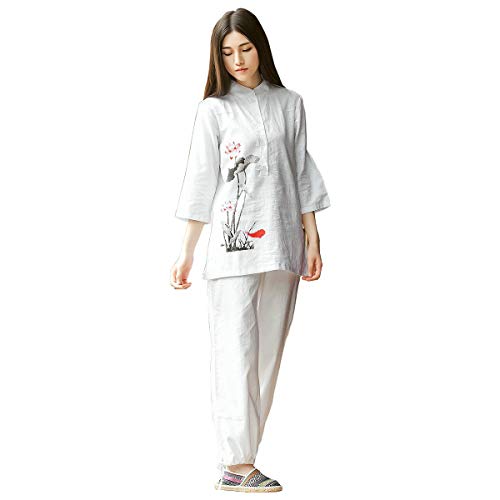 KSUA Traje de meditación Zen para Mujeres Uniforme de Tai Chi Ropa de Kung Fu de algodón y Lino Traje de Yoga, Loto EU L/Etiqueta XL