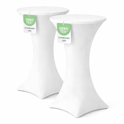 EXKLUSIV HEIMTEXTIL Stehtischhusse für Bistrotisch mit 4 verstärkten Fußlaschen elastisch Stretch Oeko-TEX Zertifiziert Ø 60-65x110-120 cm Weiss (2 Stück)
