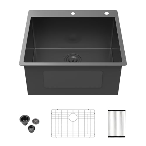 Image of Kichae 25 Inch Black Laundry Sink - 25x22 Kitchen Sink Drop In Utility Sink 12 inch Deep Sink Topmount Single Bowl Stainless Steel RV Laundry Sinks Handmade with Accessories