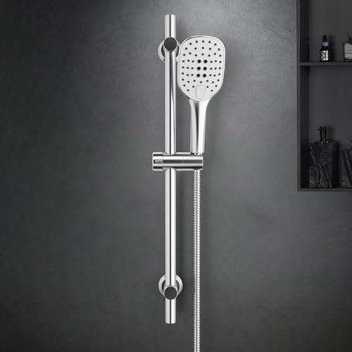 JOHO Edelstahl Duschstange 70 cm Chrom Duschbrause mit Schlauch und Halterung, Brausestangeset mit Duschkopfhalter und Handbrausesch-Duschset mit 3 Strahl Handbrause (HB1210CP)