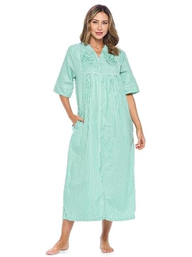 Image of Casual Nights Women's Zip Front Woven House Dress | 3 /4 Sleeves Housecoat Long Duster Lounger