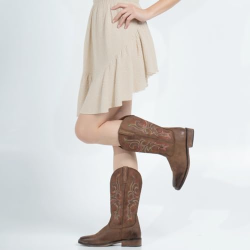 J's.o.l.e Womens Square Toe Cowgirl Cowboy Boots Mid Calf with Chunky Heel Retro Embroidery Western Boots4