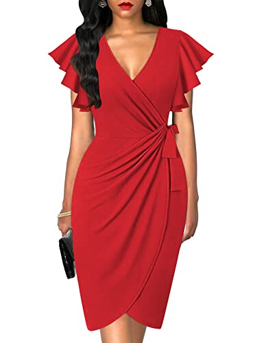 Image of oten Womens Deep V Neck Ruffle Sleeve Sheath Casual Cocktail Party Work Faux Wrap Dress