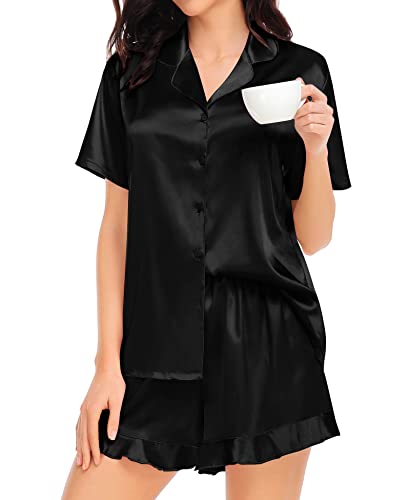 SWOMOG Women's Silk Satin Pajamas Set Short Sleeve Button Down Sleepwear Ruffle Hem Shorts PJ Sets Two-Piece Loungewear3