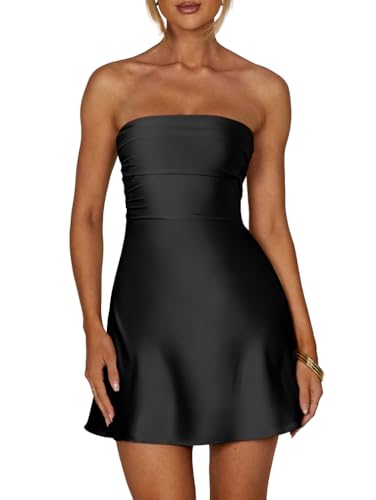 Image of XXTAXN Women's Sexy Tube Strapless Ruched A Line Wedding Guest Cocktail Satin Mini Dress