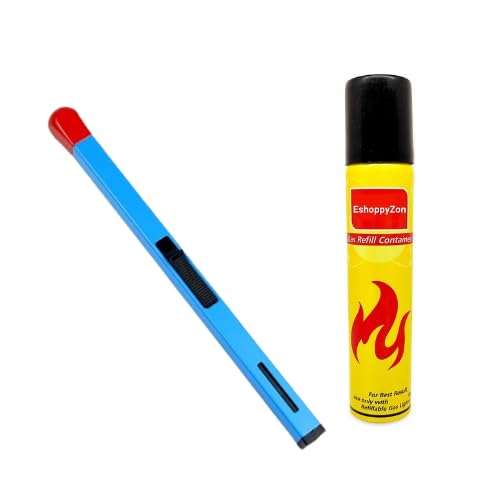 EshoppyZon Refillable Match Stick Shaped Butane Gas Lighter with 100ML Refill Bottle, Long Handle Flame Lighter for Kitchen Stove, BBQ, Candle, Camping, Smoking and Outdoor Indoor Use (Blue)