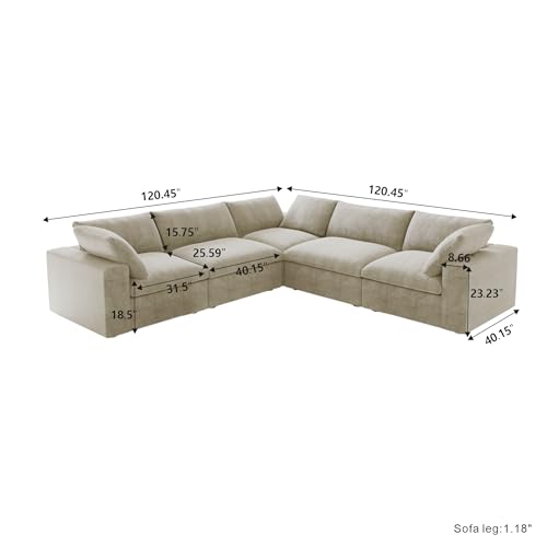 WJShome Cloud Modular Sectional Sofa,160.6" Down Filled 5 Seater Couch,V Shaped Oversized Convertible Sectional Sofa for Living Room,Covers Removable & Washable, Khaki