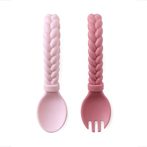Image of Itzy Ritzy Silicone Spoon & Fork Set; Baby Utensils Featuring a Baby Fork and Spoon with Looped, Braided Handles - Made of 100% Food Grade Silicone & BPA-Free - Ages 6 Months and Up (Pink)