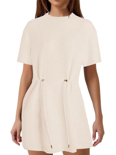 MISSACTIVER Women Summer Mini Dress Crew Neck Short Sleeve T Shirt Dress Casual Elastic Waist Short Dresses with Pockets