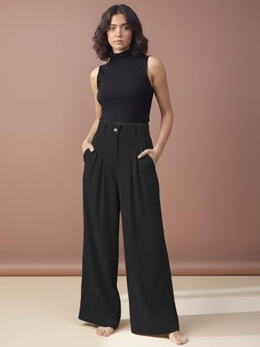 Image of GRECIILOOKS Trousers for Women High Waist | Wide Leg Trousers | Office Wear Pleated Korean Pants for Women's | Elegant Formal Pants